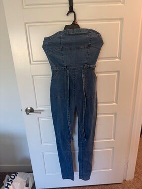Strapless Denim Jumpsuit in Dark Blue